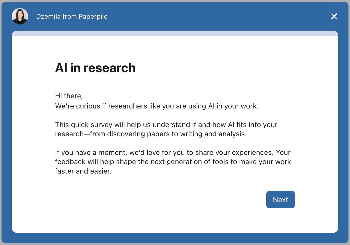 Screenshot of an in-app survey on AI tools in research
